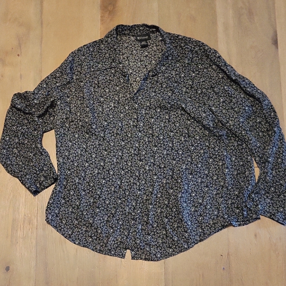 Lane Bryant 100% Silk Black Pattern Button Up Blouse Plus Size 18/20